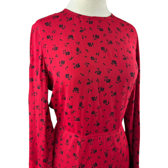 Reformation Red & Black Floral Print Mini Dress Bell Sleeve Ruffle Women's Large - Picture 6 of 16